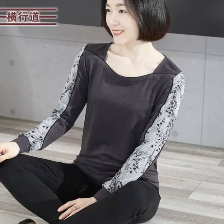 2023新款冬装方领拼接雪纺宽松中年妈妈长袖T恤女上衣打底衫外穿图片