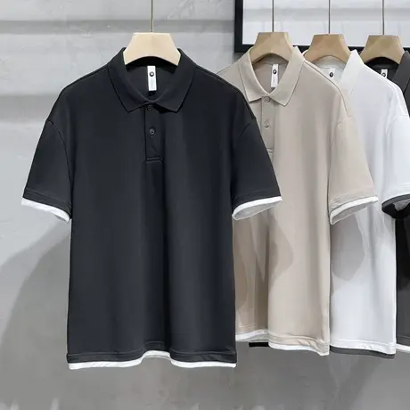宽松polo衫男短袖冰丝潮牌大码男装上衣服潮流男士假两件t恤夏季商品大图