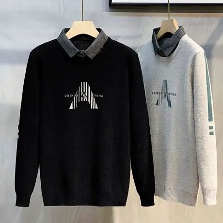 仿羊绒假两件毛衣男韩版修身潮流衬衫领针织衫秋冬季上班打底线衣商品大图