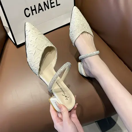 包头半拖鞋女仙女风两穿凉鞋2023春夏新款法式尖头粗跟高跟单鞋女图片