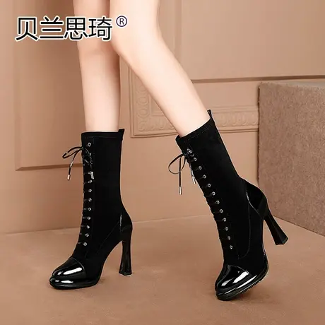 加绒中筒靴女高跟鞋秋冬季新款瘦瘦弹力袜单靴防水台粗跟马丁靴图片