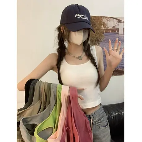 美背吊带背心女夏方领运动无袖外穿内搭带胸垫一体黑白色打底上衣商品大图