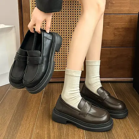 乐福鞋女ins潮2024年春季新款粗跟厚底一脚蹬圆头小皮鞋女英伦风图片