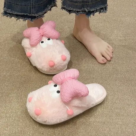 少女心可爱大眼蝴蝶结棉拖鞋女秋冬季外穿防滑家居保暖毛绒月子鞋商品大图