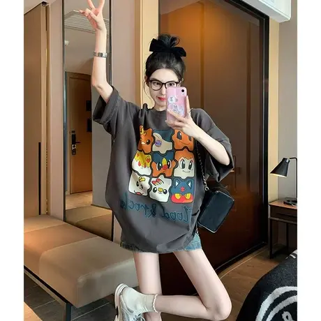 灰色短袖t恤女新款夏季大码胖mm洋气减龄正肩显瘦时髦上衣2-300斤商品大图