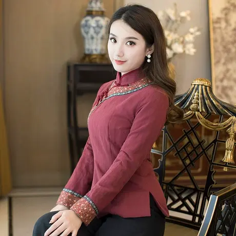 筠雅唐装女冬棉袄旗袍式上衣年轻款复古中式盘扣上衣加厚茶服外套商品大图