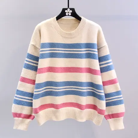 彩色条纹套头毛衣女秋冬2023新款韩版宽松慵懒风设计感针织衫上衣图片