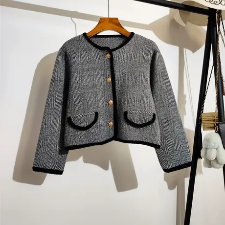 法式小香风黑色外套女秋冬新款韩系高级感洋气短款小个子夹克上衣商品大图