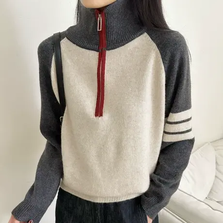 25289新款翻领拉链拼色厚款针织内搭单穿上衣女时尚百搭商品大图