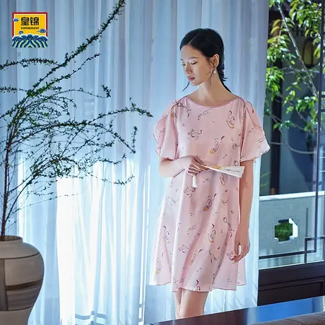 爱慕皇锦睡衣女春夏真丝印花短袖家居睡裙-妙音HJ21483商品大图
