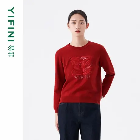 [专柜同款]Yifini/易菲本命年中国红亮片绣花宽松针织毛衫打底衫商品大图