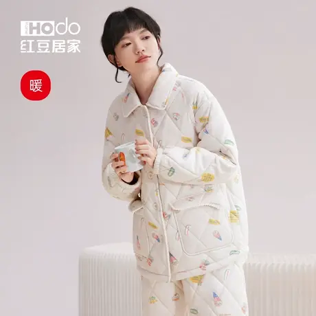红豆夹棉睡衣女三层加厚保暖家居服可外穿湖南省服珊瑚绒套装冬季商品大图