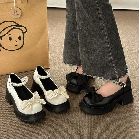法式蝴蝶结英伦小皮鞋女2023年春季新款时尚高跟百搭jk玛丽珍单鞋图片