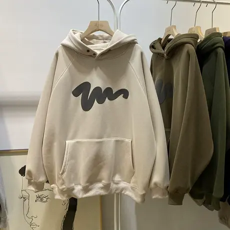 冬季简约大气个性印花加绒加厚连帽长袖卫衣女宽松慵懒帽衫外套潮商品大图