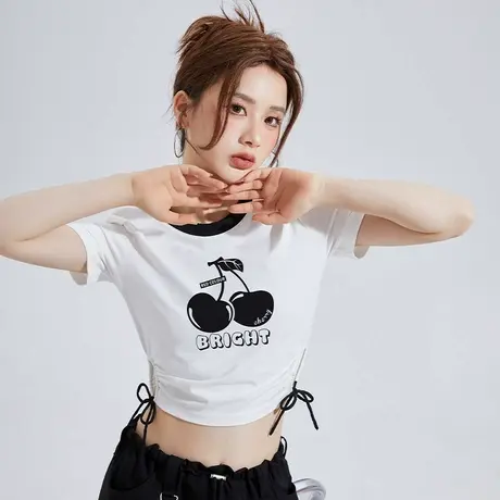 唐狮樱桃短袖T恤夏季新款女ins腰部镂空绑带可调节辣妹时尚G商品大图