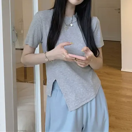设计感chic短袖T恤女夏季开叉打底衫辣妹修身短款露脐别致上衣潮图片