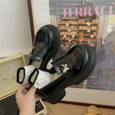复古英伦风百搭黑色粗跟厚底小皮鞋女夏季2023新款圆头法式乐福鞋商品大图