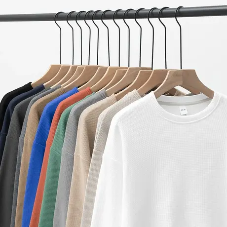 男士卫衣华夫格2023新款秋冬款无帽圆领纯色白色加绒加厚长袖t恤商品大图