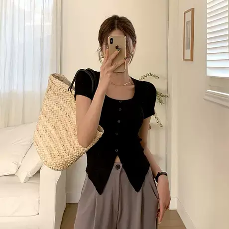 现货~短袖t恤女2024新款Onoev独特上衣超好看方领开叉体恤商品大图
