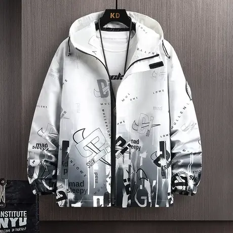 港风连帽外套男士春秋潮牌印花渐变男装夹克设计感青少年百搭上衣商品大图