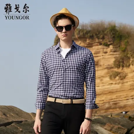 雅戈尔奥莱 男装汉麻长袖衬衫秋季舒适商务休闲时尚汉麻格子衬衣商品大图