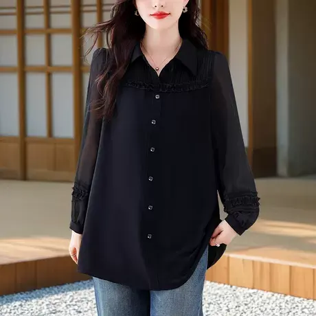 黑色显瘦雪纺衬衫女长袖2025年秋季上衣宽松大码胖mm中长款遮肚子商品大图