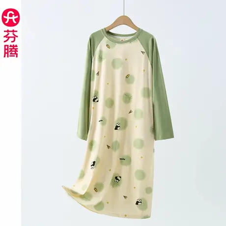 芬腾纯棉睡裙女春秋季长袖睡衣裙大码休闲女款可爱熊猫全棉家居裙商品大图