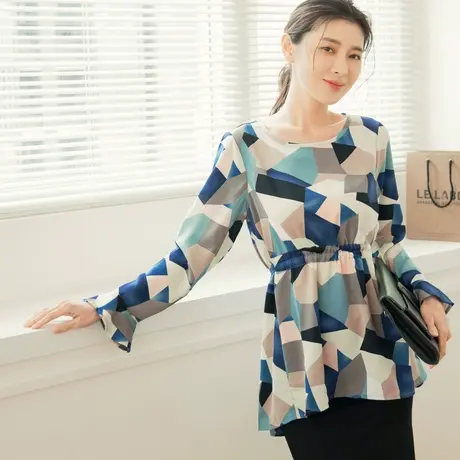 桔熊春秋季通勤复古几何印花雪纺衫收腰中长款上衣女大码AB16777商品大图