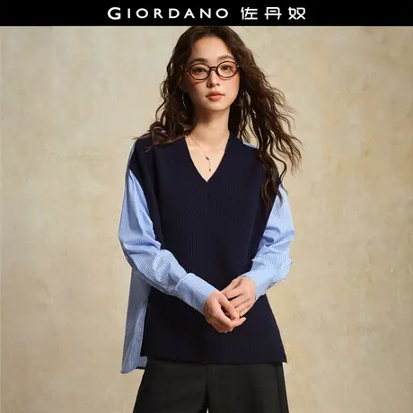设计师款佐丹奴女装秋冬新款拼接条纹宽松V领套头针织衫18355510商品大图