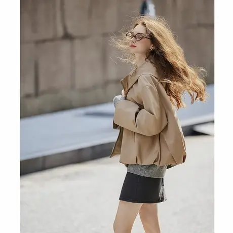 唐狮春秋季女连帽净色外套卡其短款时尚小众设计感小个子穿搭tuTA商品大图