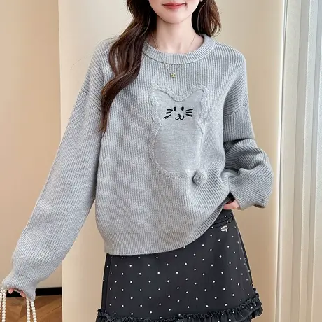 唐狮秋冬季毛衣女超好看简约风卡通图案立体球球圆领套头TM商品大图