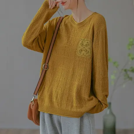 dza 复古短款棉线圆领套头毛衣女长袖打底上衣春秋宽松休闲针织衫图片