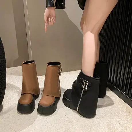 永希靴子女秋冬新款2023复古松糕厚底裤管靴短款爆款高级感马丁靴图片