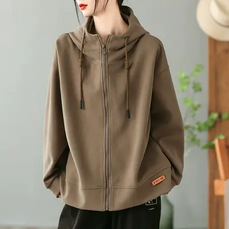 dza 复古纯棉连帽宽松短款外套女士春秋外穿长袖上衣休闲运动卫衣商品大图