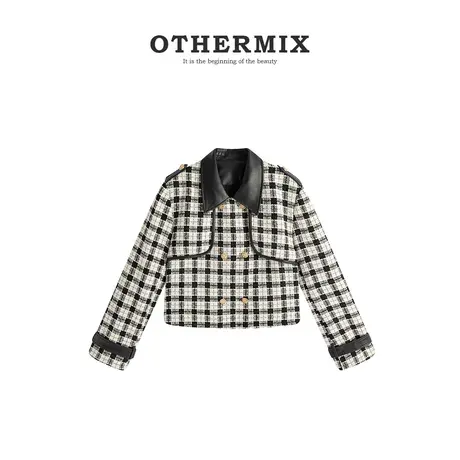 othermix名媛风小香风外套女2023秋冬新款格纹拼接翻领女士外套短图片