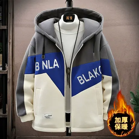 撞色外套男冬棉服加厚袄子奥粒绒夹棉夹克男连帽棉衣冬天宽松棉袄商品大图