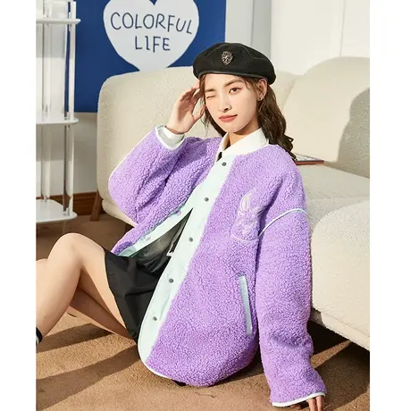 唐狮仿羊羔毛外套女秋冬圆领时尚休闲夹克百搭加厚短款外套上衣图片