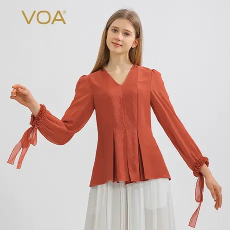 VOA45姆米重磅桑蚕丝橘棕色V领长袖拼接提花淑女宽松裙摆真丝T恤图片