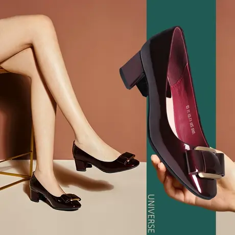 新款女鞋粗跟真皮软底软皮红色中跟皮鞋方头妈妈鞋秋款单鞋商品大图