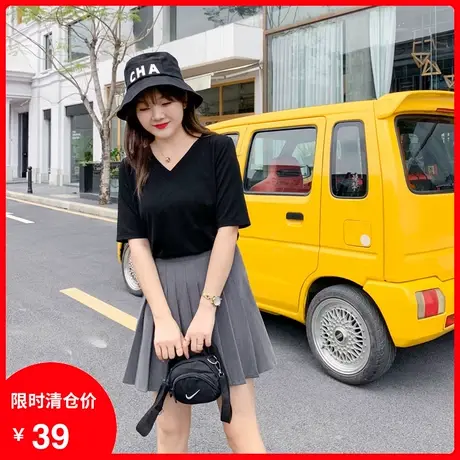 【清仓】新款大码t恤女短袖V领简约百搭胖mm显瘦上衣宽松半袖纯色商品大图