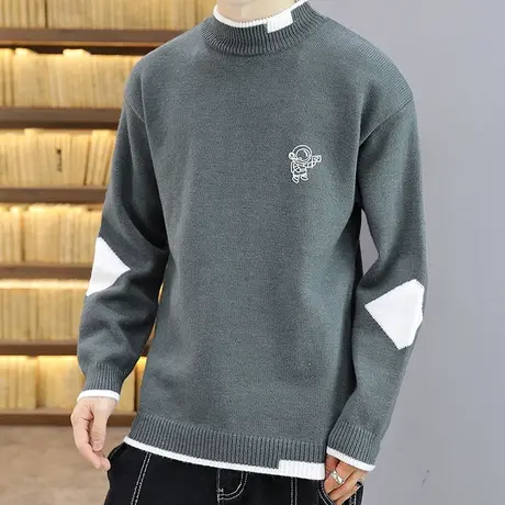 假两件毛衣男春秋款潮流拼色半高领针织衫男士线衣宽松秋冬季外套商品大图