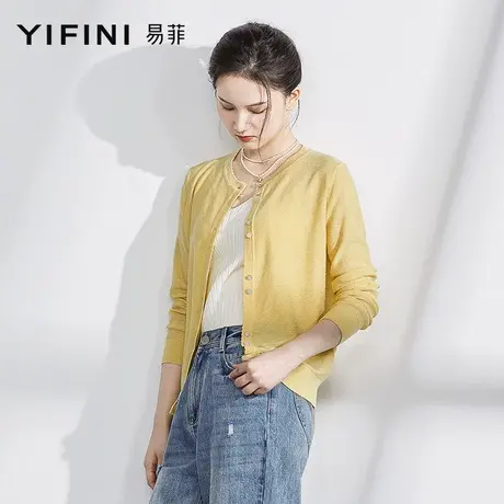Yifini/易菲宽松短款针织开衫春秋新款圆领套头针织上衣气质优雅图片