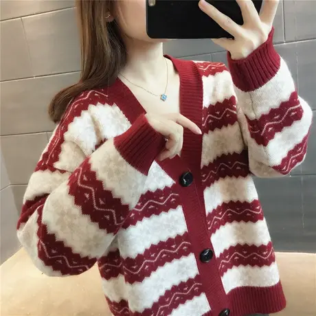 洋气毛衣外套女早春外搭宽松2022新款韩版慵懒风条纹针织开衫加厚图片