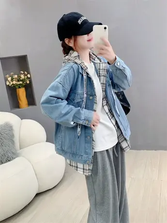 慵懒风假两件连帽牛仔外套女春秋2023年新款宽松洋气百搭夹克上衣商品大图