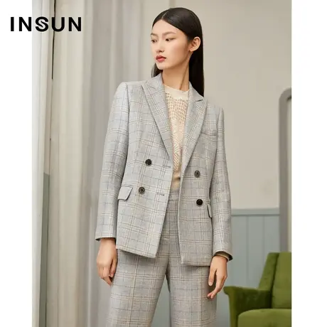 恩裳春季修身双排扣格子西装外套图片