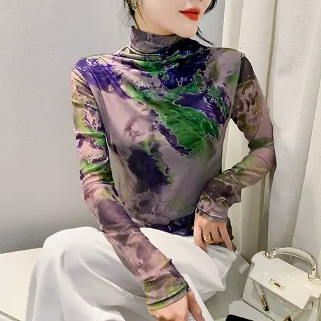 性感半高领T恤女长袖扎染印花网纱拼接上衣洋气修身显瘦打底衫ins商品大图