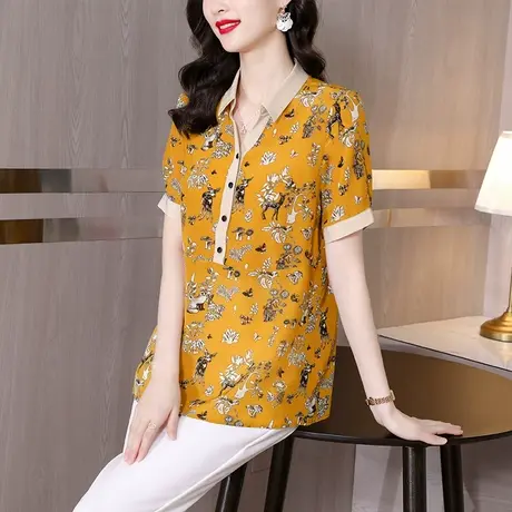 宽松大码衬衫女2023夏季新款时尚别致气质短袖减龄碎花雪纺上衣商品大图