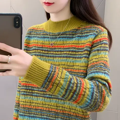 秋冬新款加厚半高领毛衣女条纹针织保暖内搭打底衫宽松女士洋气商品大图