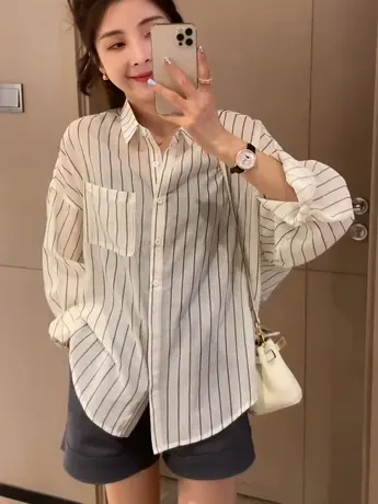 条纹长袖衬衫女夏款防晒衣2023新款爆款设计感小众防晒外套上衣女商品大图