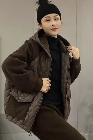 棉衣连帽拼接卫衣开衫女秋冬2023新款韩版宽松休闲菱格棉服上衣潮图片